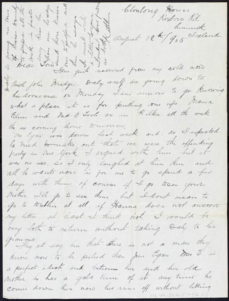 Letter from Kathleen Clarke to Tom Clarke regarding issues with James Egan, her son Daly and her plans to make a serge suit for Clarke,