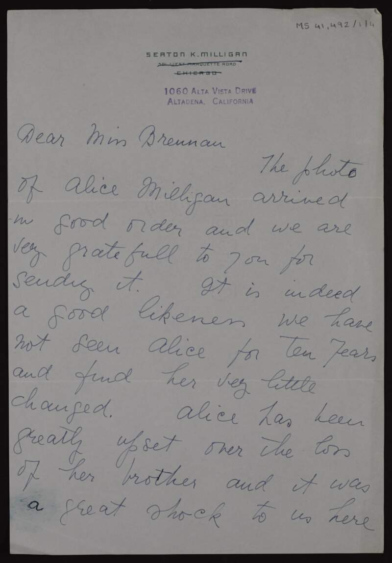 Letter from Minnie Milligan to Lily O'Brennan concerning a photograph of Alice Milligan, and the death of Seaton Milligan,