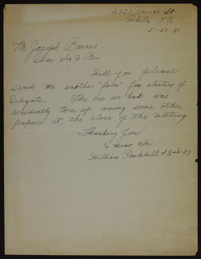 Letter from William Parkhill to Joseph Barnes requesting another form for elections of Delegate [to the Irish American Club Convention],