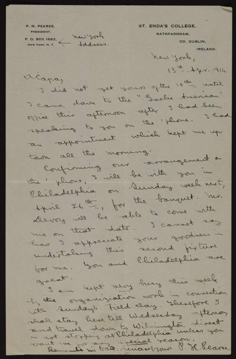 Letter from Padraig Pearse to Joseph McGarrity regarding a meeting in Philadelphia with John Devoy,