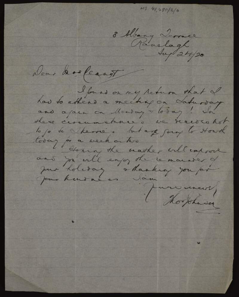 Letter from Thomas Johnson to Áine Ceannt informing her of his plans to holiday in Howth and wishing her good weather for hers,