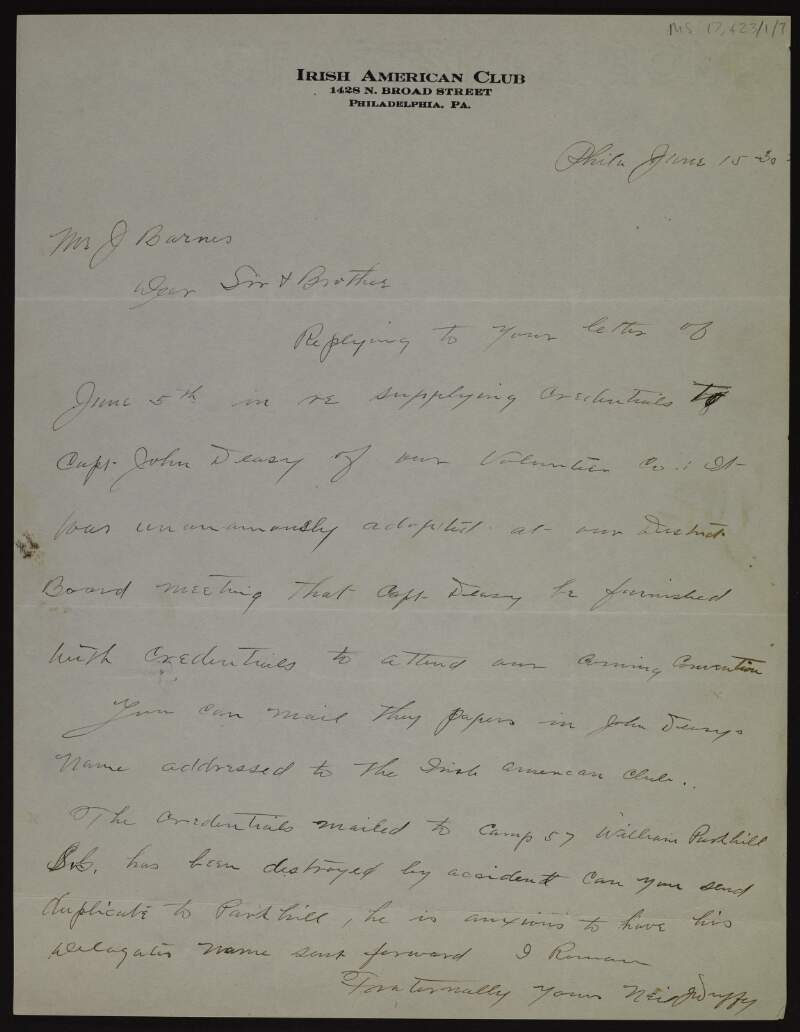 Letter from Neil J. Duffy to Joseph Barnes regarding the motion adopted at their District Board meeting to send Capt. John Deasy to the Convention,