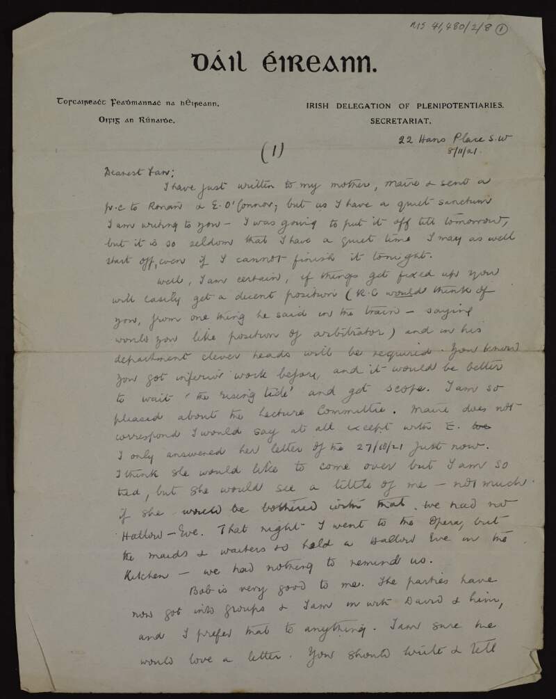 Letter from Lily O'Brennan, 22 Hans Place S.W., to Áine Ceannt regarding her personal and social life,