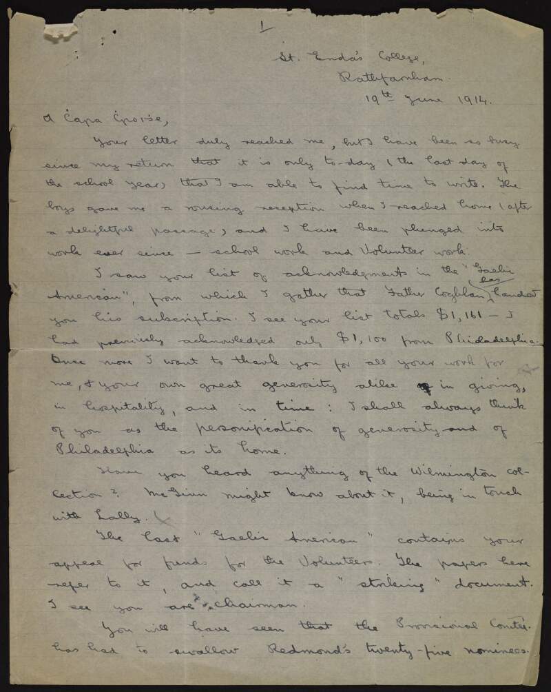 Letter from Padraig Pearse to Joseph McGarrity regarding fundraising in Philadelphia for the Irish Volunteers,