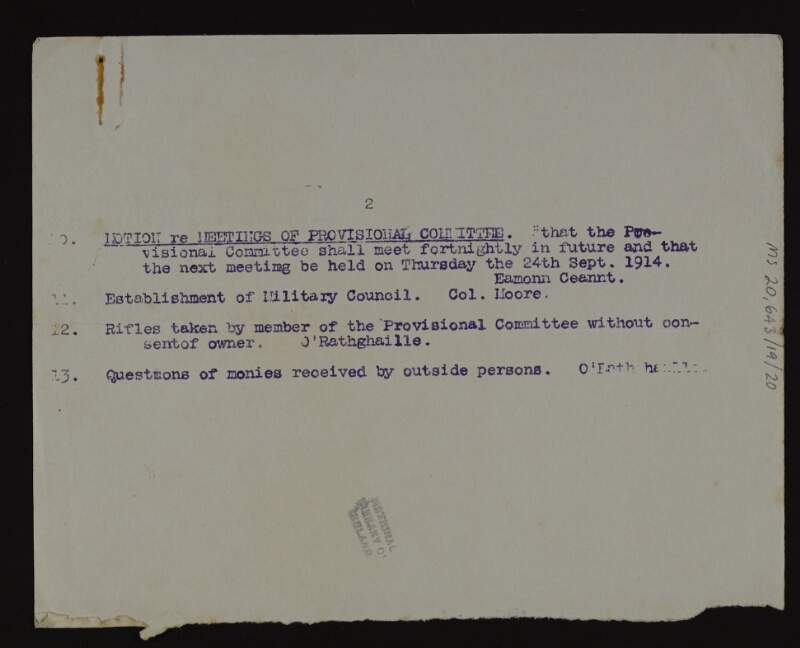 Partial notice regarding meetings of the provisional committee of the Irish Volunteers,