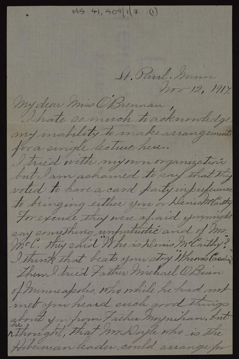 Letter to Kathleen O’Brennan [from Anna ?] about failed attempts to arrange for her to deliver any lectures in St Paul, Minnesota,