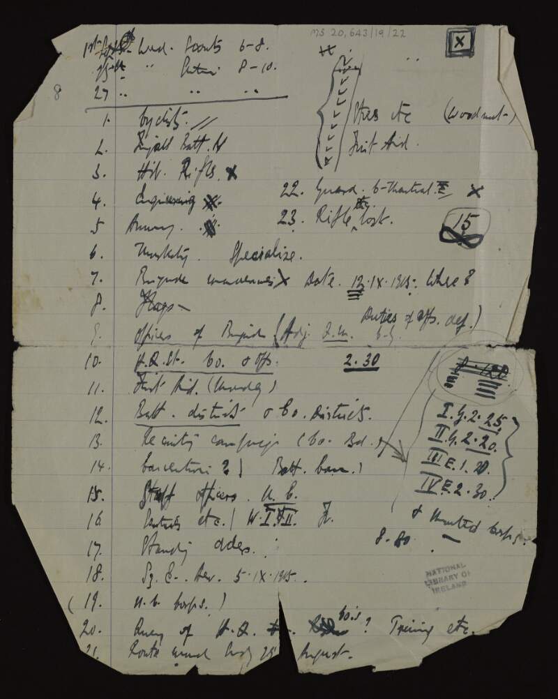 Notes relating to minutiae of Irish Volunteers such as rifles, cyclists and staff officers,