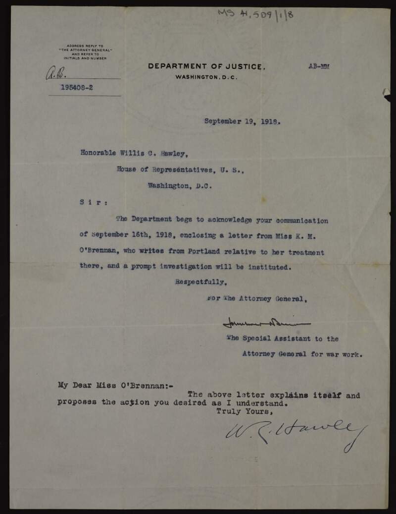 Letter from the United States Department of Justice to the Honorable Willis C. Hawley, and forwarded to Kathleen O'Brennan, confirming that the Department will conduct an investigtion into O'Brennan's treatment in Portland,