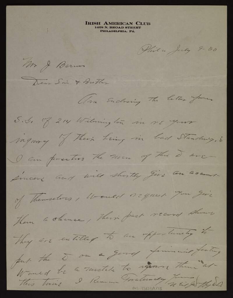 Letter from Neil J. Duffy to Joseph Barnes advising him to give an opportunity to the men of District 214, in Wilmington, Delaware, to put their district "on a good financial floating",