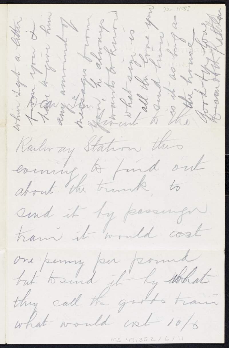 Letter from Kathleen Clarke to Tom Clarke regarding plans to send a trunk to Dublin and her attempts to see her doctor without intrusion from her mother,