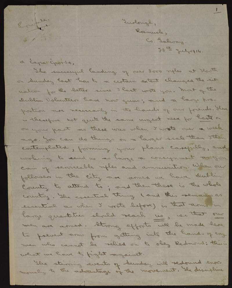 Letter from Padraig Pearse to Joseph McGarrity discussing the Howth gun-running and Redmondites,