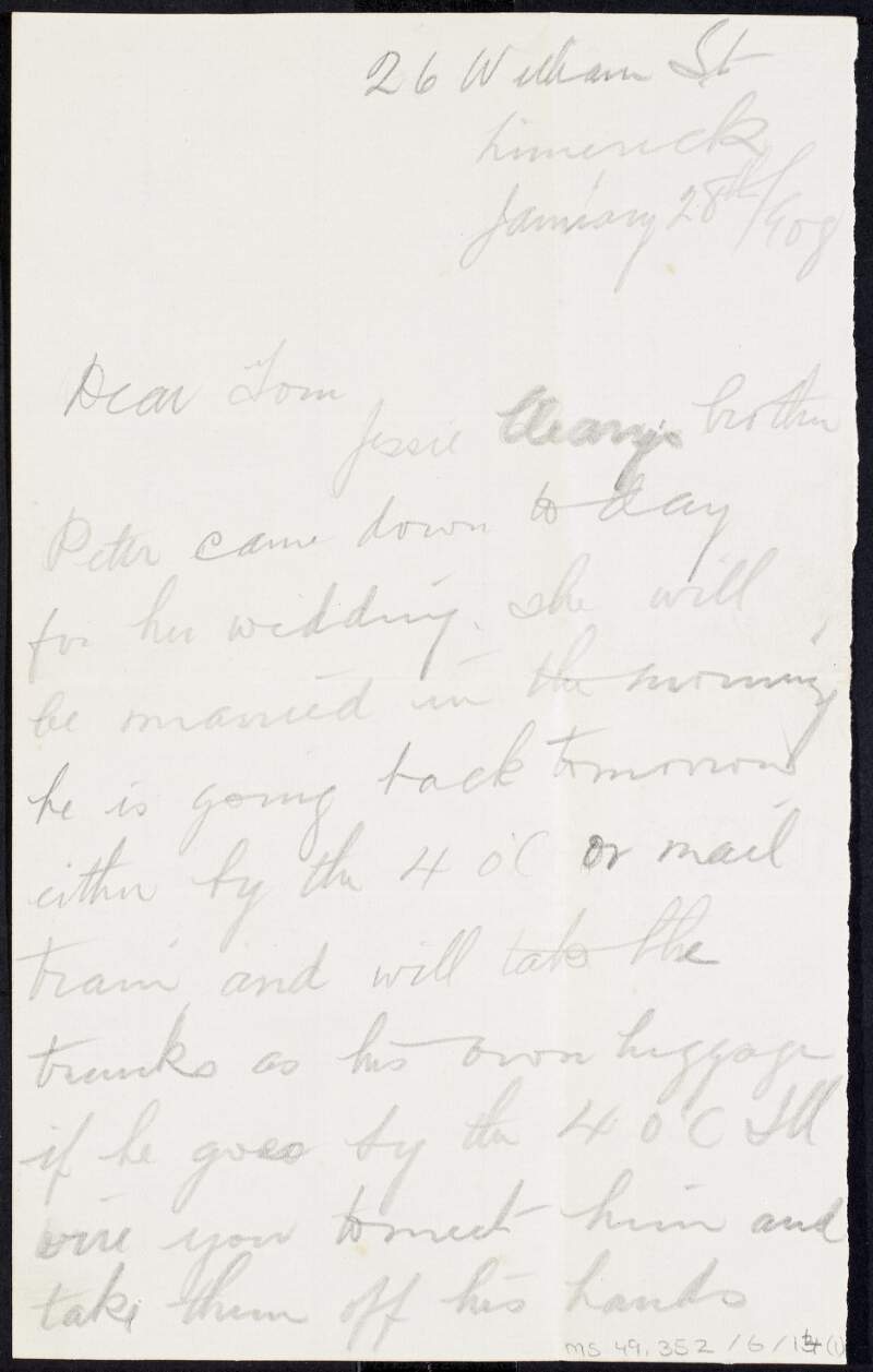 Letter from Kathleen Clarke to Tom Clarke regarding plans to send his trunks to Dublin as a friend's luggage,