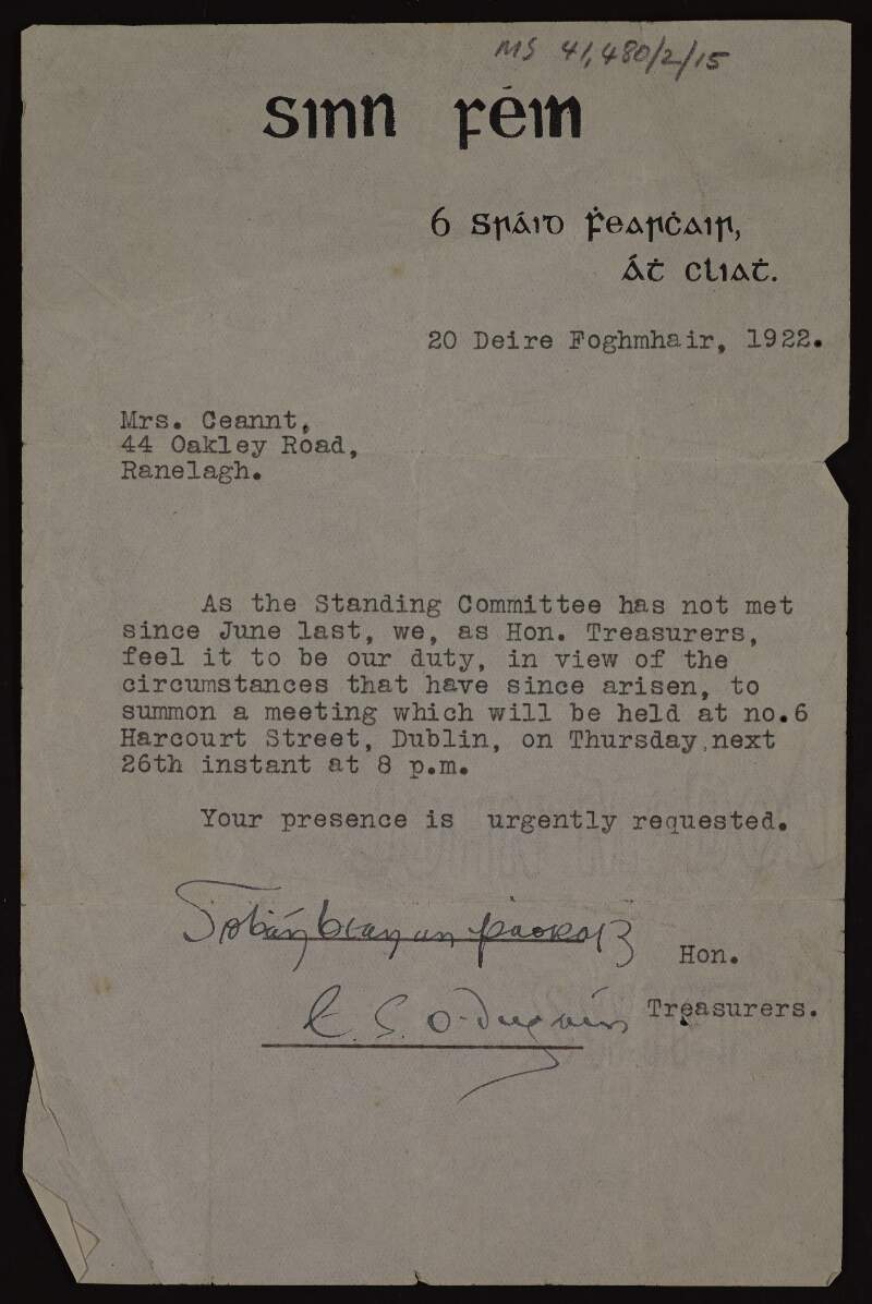 Letter from Jennie Wyse Power and Éamonn Duggan, Honorary Secretaries, Sinn Féin, to Áine Ceannt requesting her attendance at a meeting on 26th November 1922,