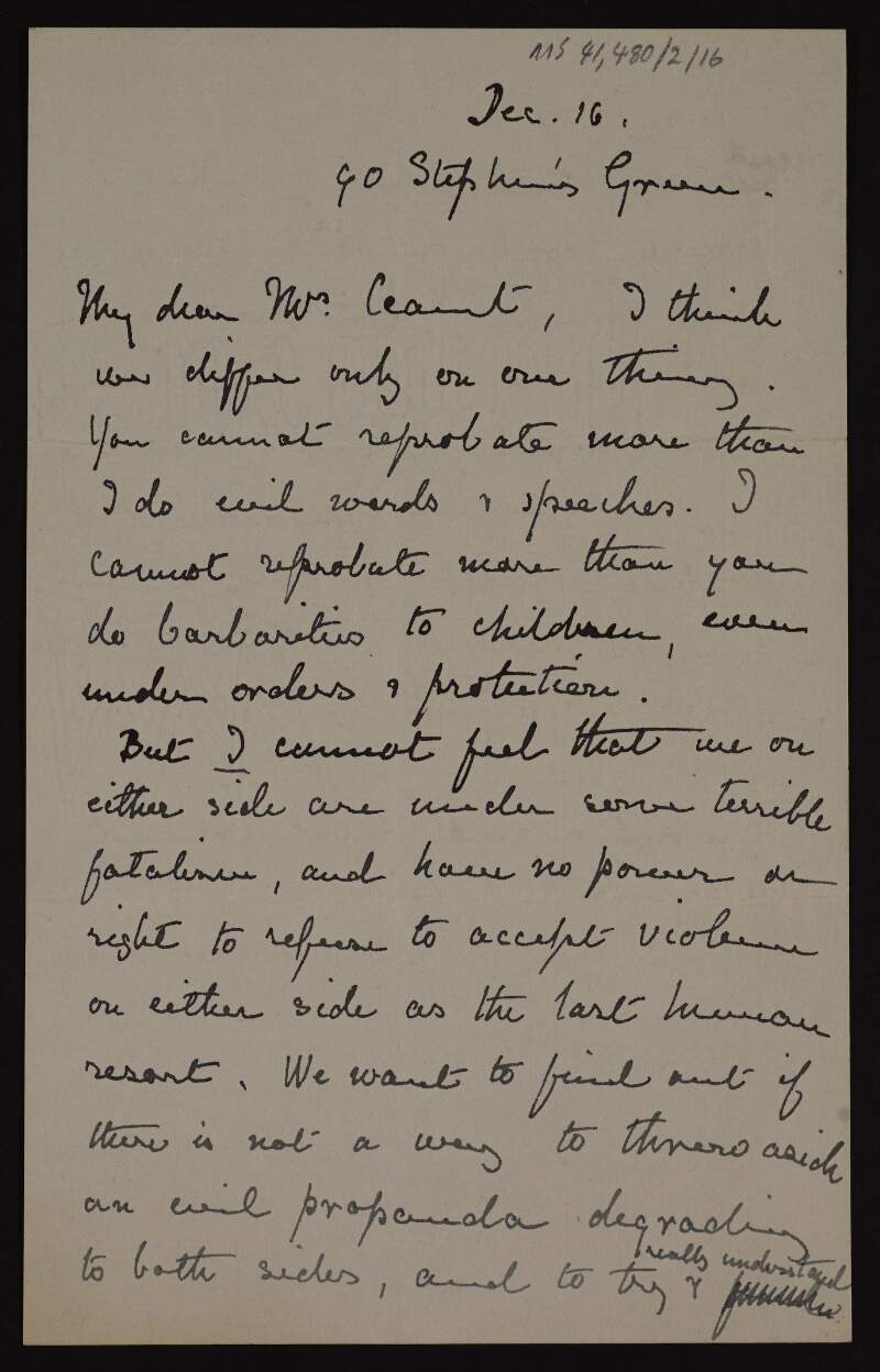 Letter from Alice Stopford Greene to Áine Ceannt regarding the treaty debate,