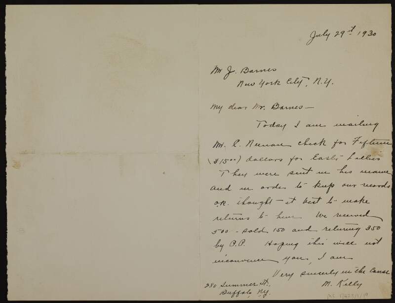 Letter from Margaret Kelly, Buffalo, New York, to Joseph Barnes, New York, informing him that she is sending a cheque to Mr C[on] Neenan for returns for Easter lilies,