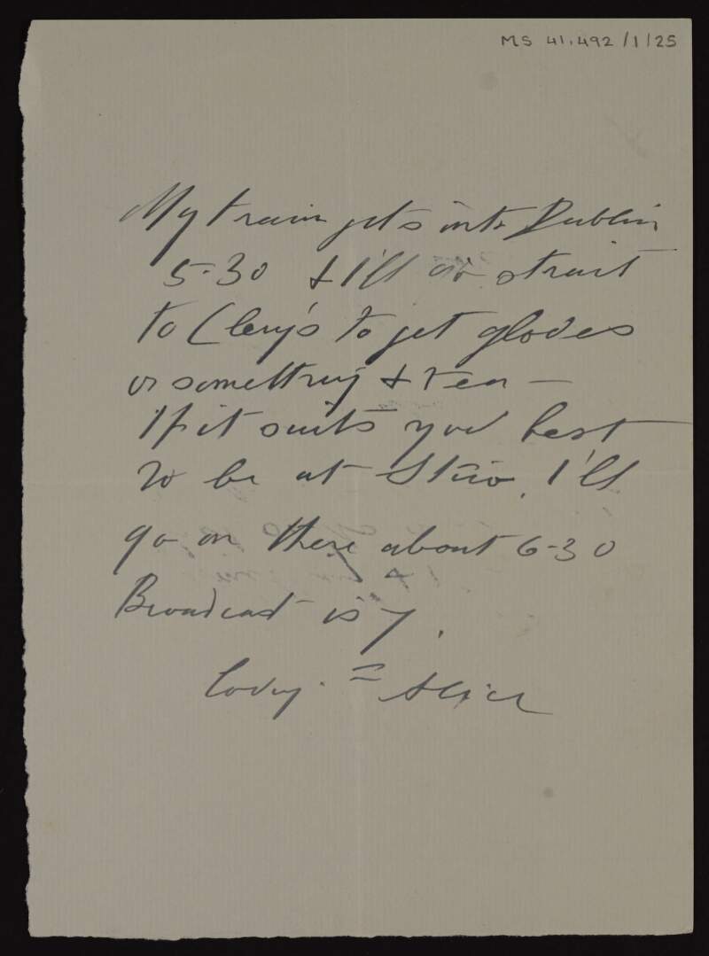 Note from Alice Milligan [to Lily O'Brennan?] concerning arrangements to meet,