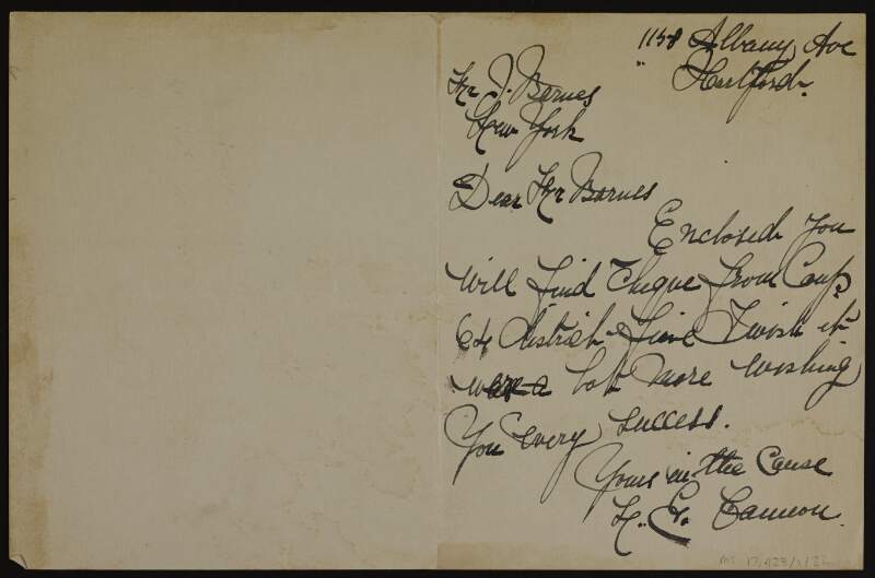 Letter from F. E. Cannon, Hartford, Connecticut, to Joseph Barnes, New York, enclosing a cheque,