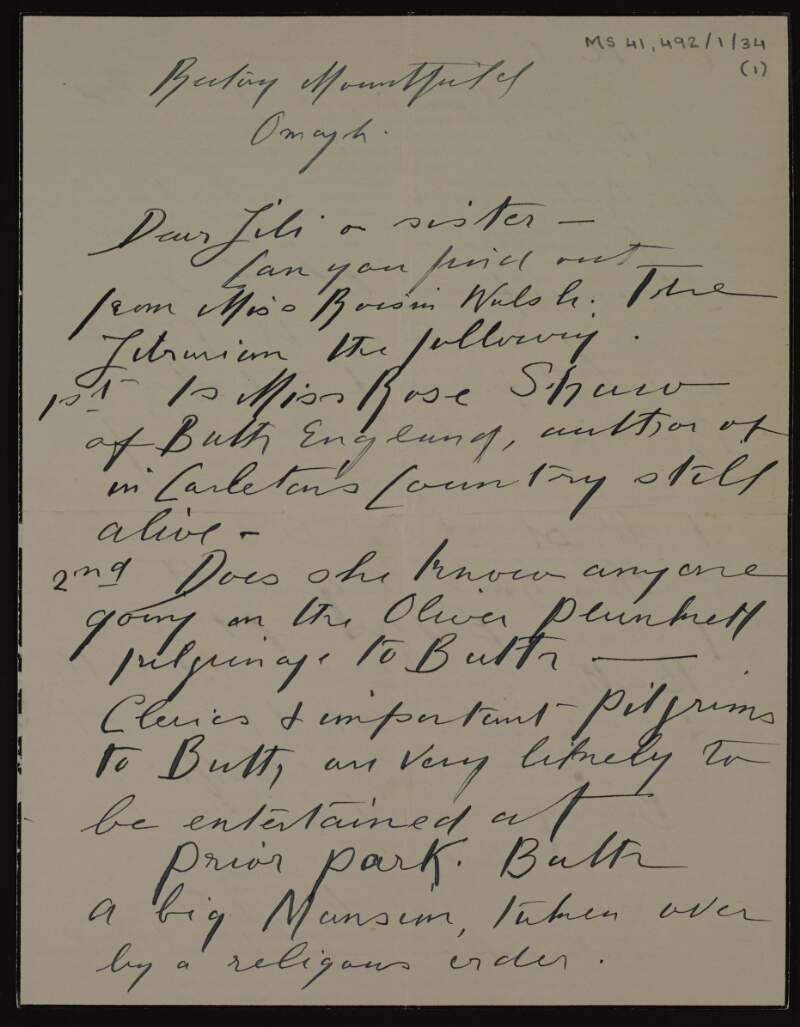 Letter from Alice Milligan to Lily O'Brennan "or sister" concerning a lost handbag,