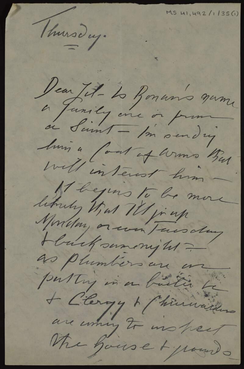 Letter from Alice Milligan to Lily O'Brennan concerning Ronán Ceannt, her plans to visit and her poetry,