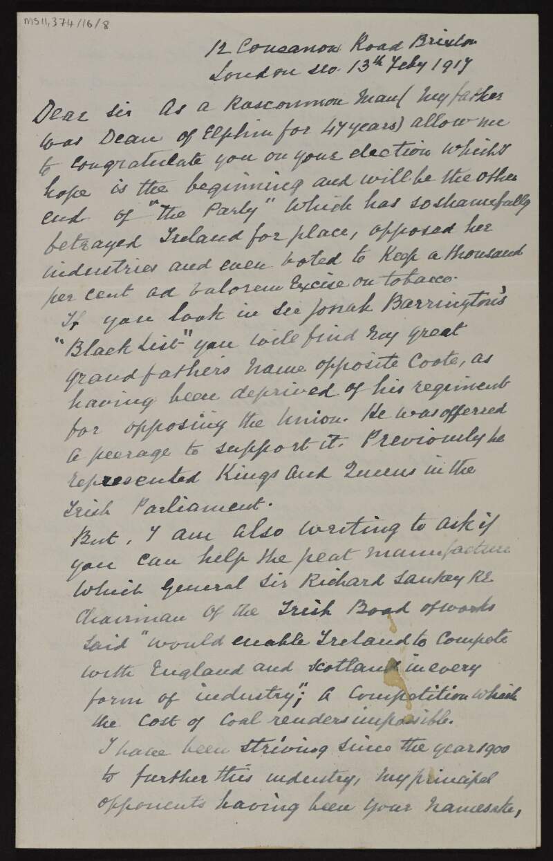 Letter from F. T. Warburton to George Noble Plunkett, Count Plunkett, congratulating him on his election in Roscommon, asking for help with the peat manufacturing industry and discussing the politics of the coal industry,