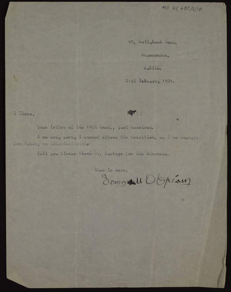 Letter from Domhnaill O'Bríain, 47 Hollybank Road, Drumcondra to Áine Ceannt declining an invitation by Fr. Thomas Burbage to a reception,