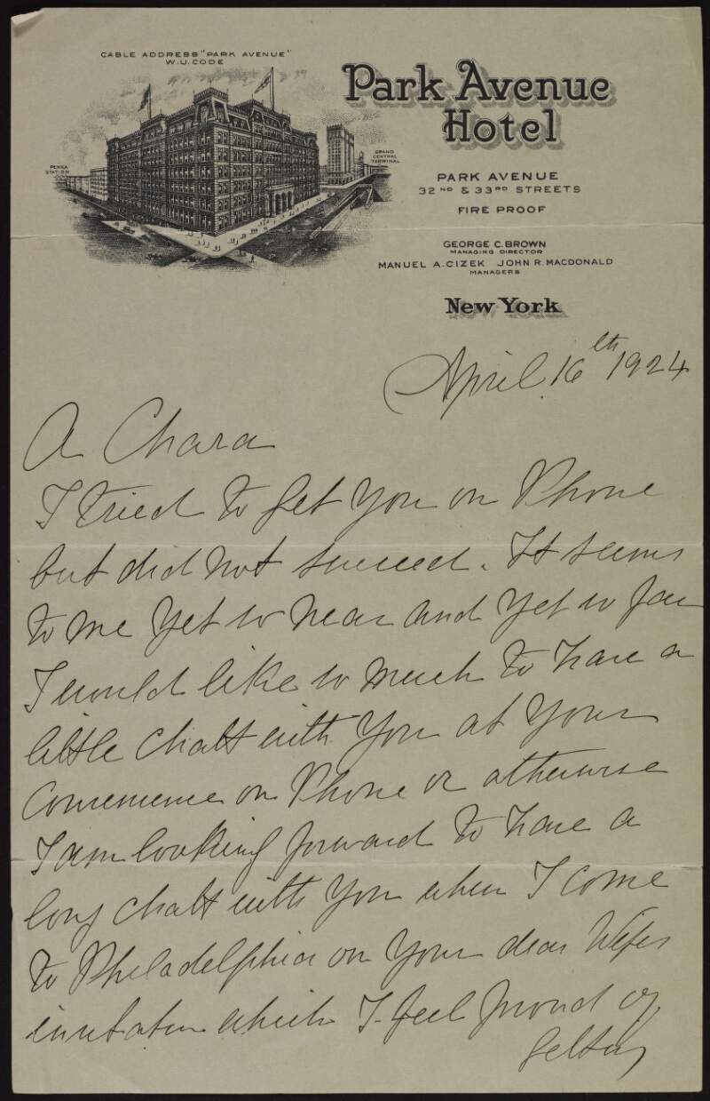 Letter from Margaret Pearse to Joseph McGarrity arranging to contact him in Philadelphia,