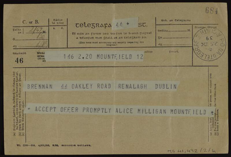Telegram from Alice Milligan to Lily O'Brennan urging her to "accept offer promptly",