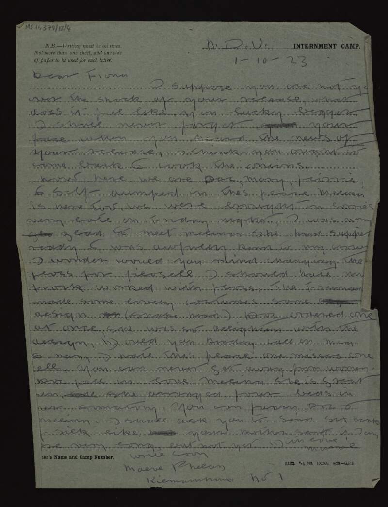 Letter from Maeve Phelan to Fiona Plunkett, regarding Plunkett's release,