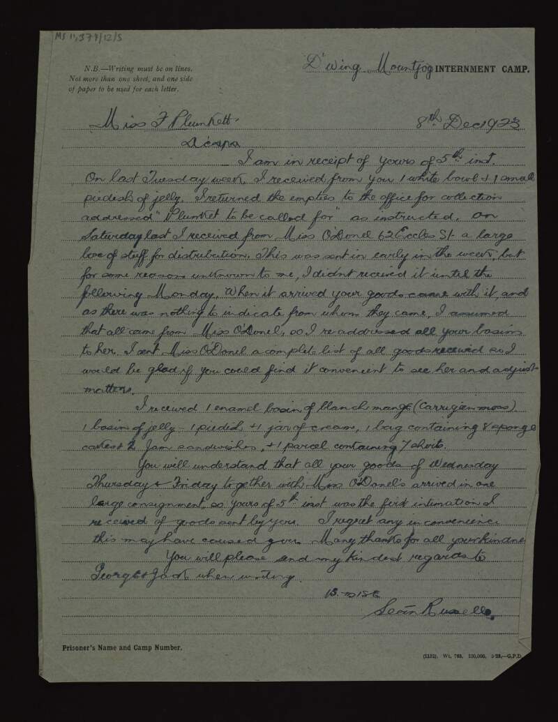 Letter from Seán Russell to Fiona Plunkett, from Mountjoy Prison, describing how a parcel intended for her was sent to him instead,