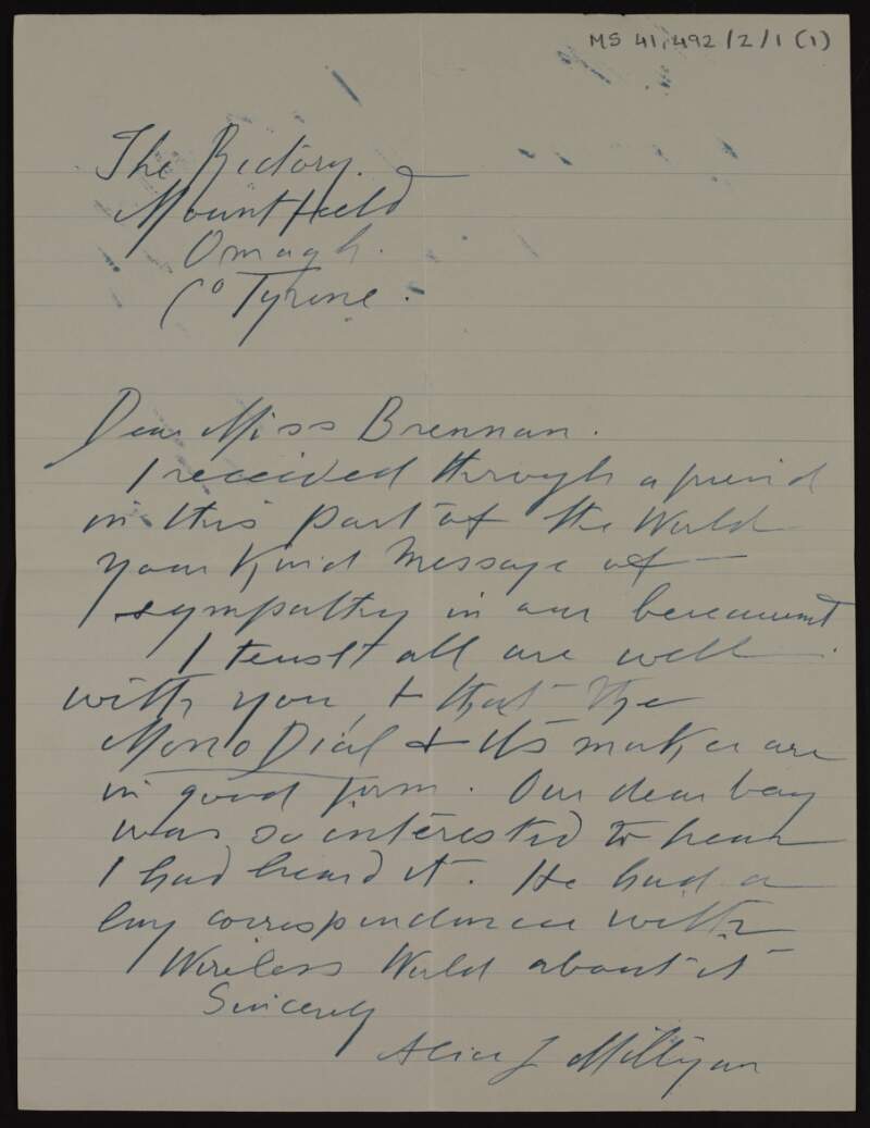 Letter from Alice Milligan to Lily O'Brennan thanking her for her condolences and discussing a "monodial",