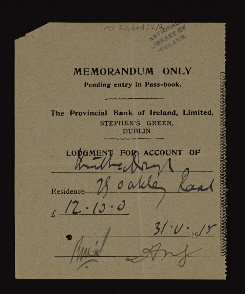 Lodgement receipt from Thomas MacDonagh's bank for 12 pounds and 10 shillings,
