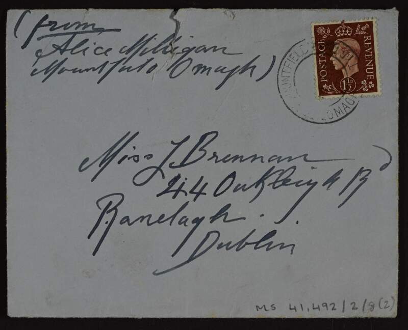Letter from Alice Milligan to Lily O'Brennan concerning the sale of a gold watch,