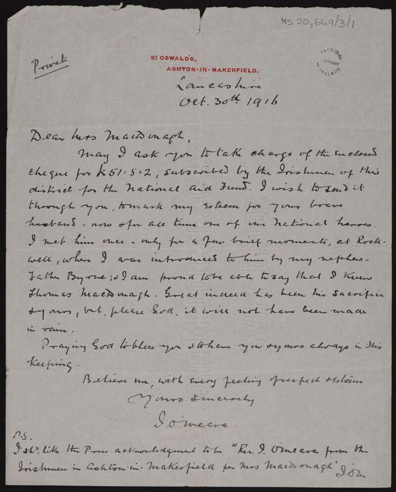 Letter from Reverand John O'Meara to Muriel MacDonagh regarding a cheque he would like to submit to the National Aid Fund,
