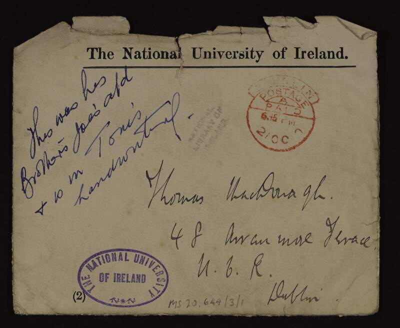 Envelope addressed to Thomas MacDonagh,