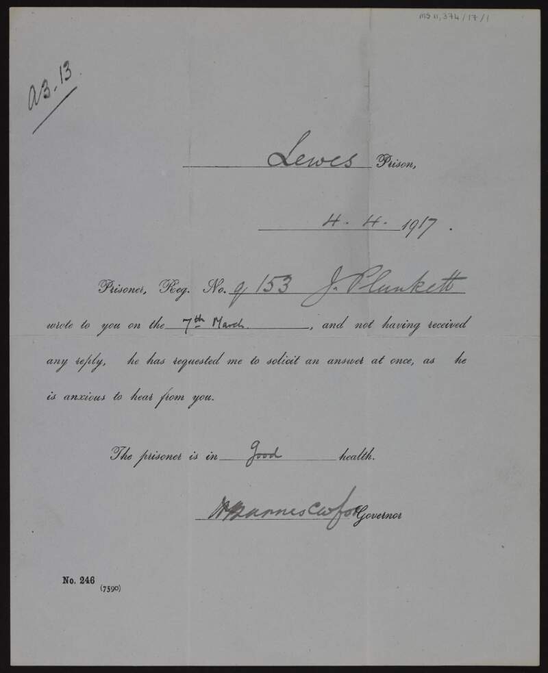 Letter from the governor of Lewes Prison to George Noble Plunkett, Count Plunkett, on behalf of John 'Jack' Plunkett, requesting a reply to his letter dated 7 March,