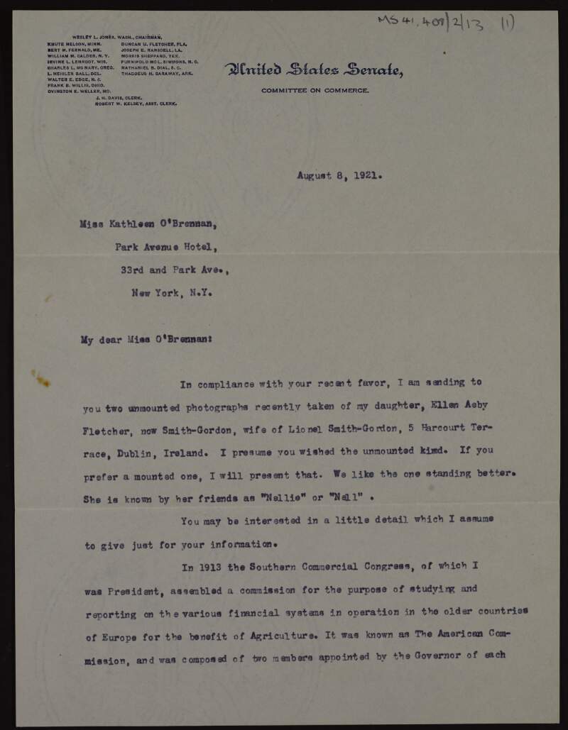 Letter to Kathleen O'Brennan from Duncan Fletcher, United States Senate, enclosing some photographs and providing some information about his family,
