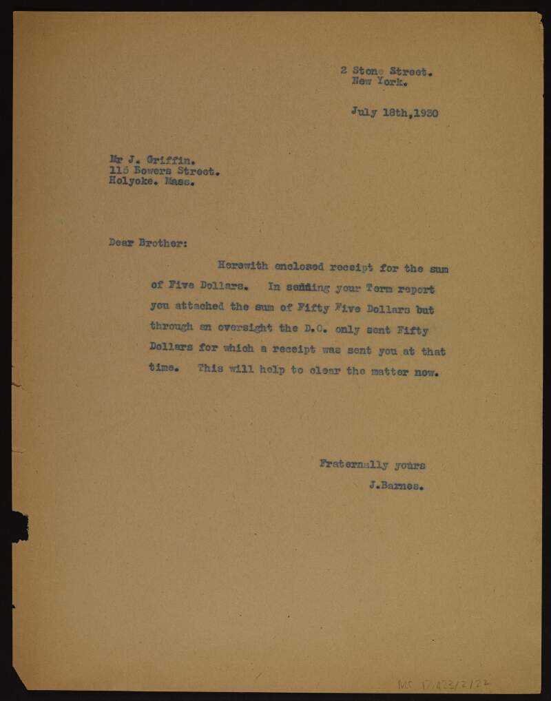 Letter from Joseph Barnes, New York, to Mr J. Griffin, Holyoke, Massachusetts, enclosing a receipt,