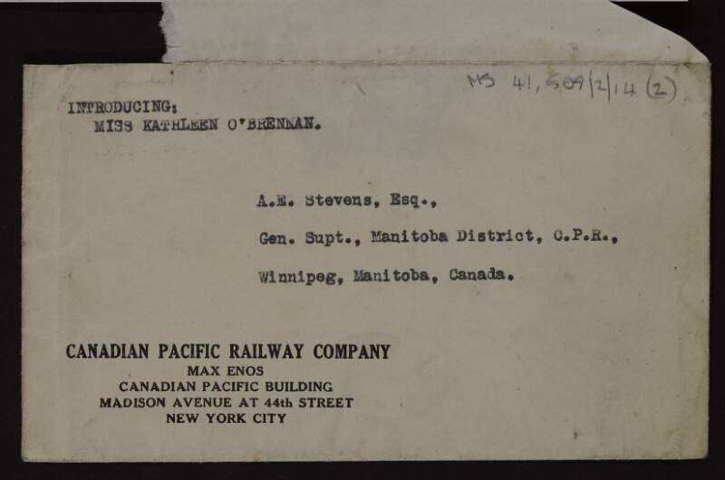 Letter of introduction for Kathleen O'Brennan from Max Enos to A.E. Stevens,