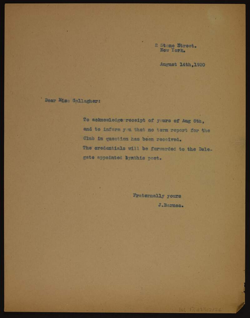 Letter from Joseph Barnes, New York, to Miss [Anne] Gallagher, [Cleveland, Ohio], acknowledging reception of her letter of 8 August 1930,
