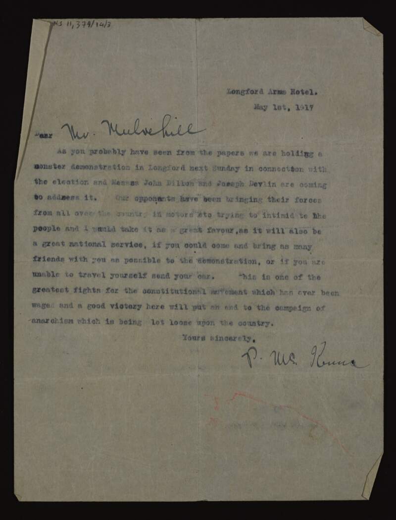 Letter from Patrick McKenna to a "Mr Mulvehill" asking him to assist the Irish Parliamentary Party's electioneering in the South Longford by-election,
