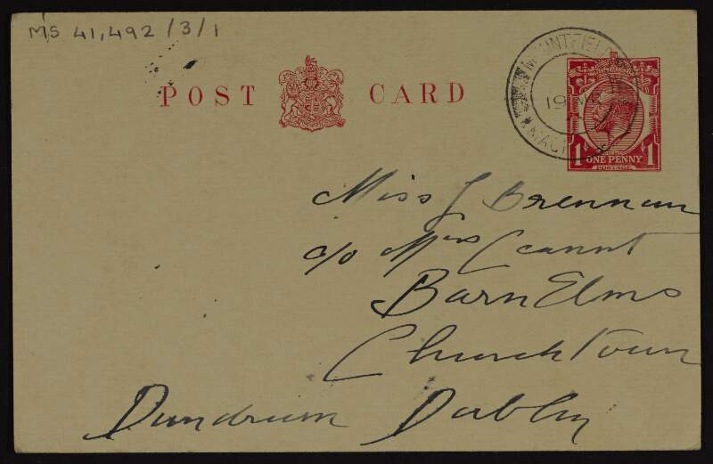 Postcard from Alice Milligan to Lily O'Brennan asking "to hear how you all are even briefly",
