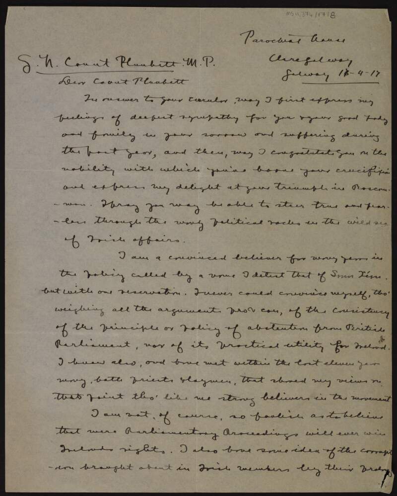 Letter from P. S. O'Morain to George Noble Plunkett, Count Plunkett, about his disagreement with the policy of abstention from British parliament,