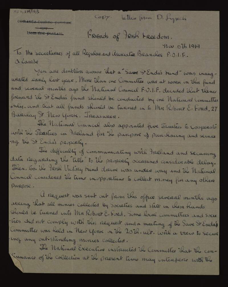 Letter from Diarmuid Lynch to the secretaries of the regular and associate branches of the Friends of Irish Freedom discussing fundraising for the "Save St. Enda's fund",