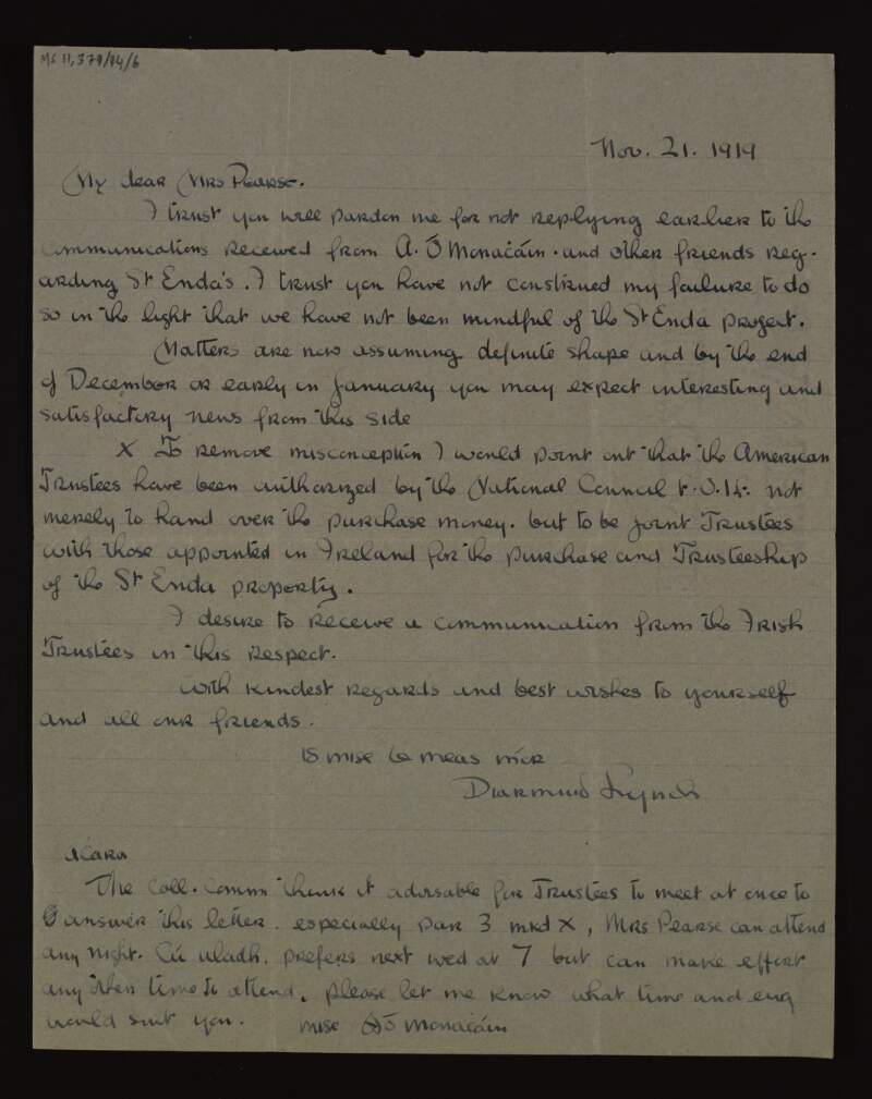 Letter from Diarmuid Lynch to Margaret Pearse, discussing funds for St. Enda's School,