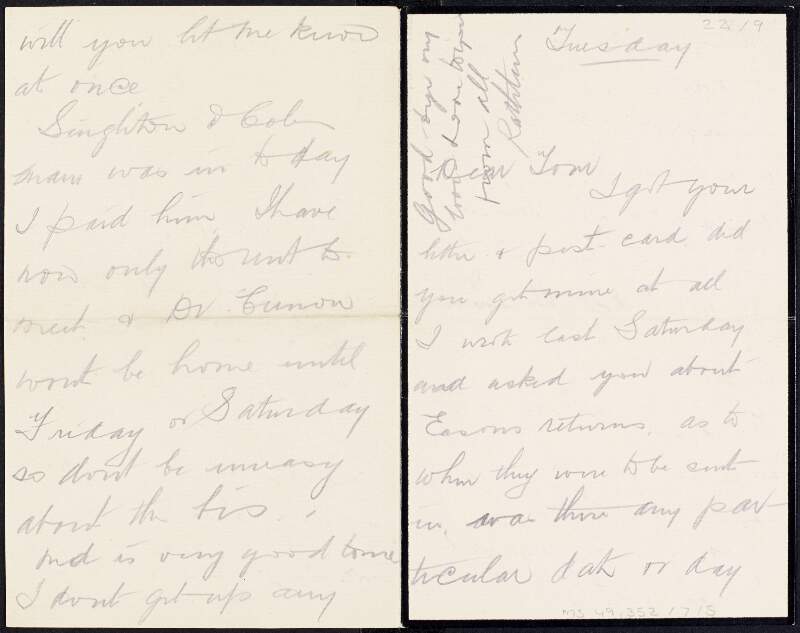 Letter from Kathleen Clarke to Tom Clarke regarding business matters and her brother Edward Daly who is looking after her,