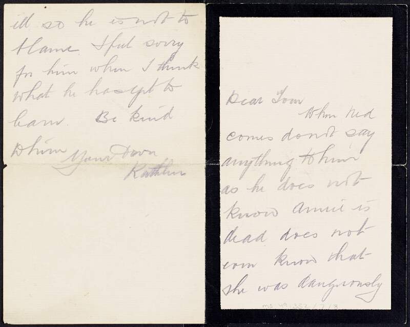 Letter from Kathleen Clarke to Tom Clarke regarding the death of her sister Annie Daly,