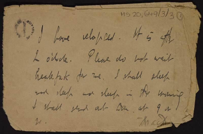 Note written by Thomas MacDonagh to Muriel MacDonagh and signed MacD,