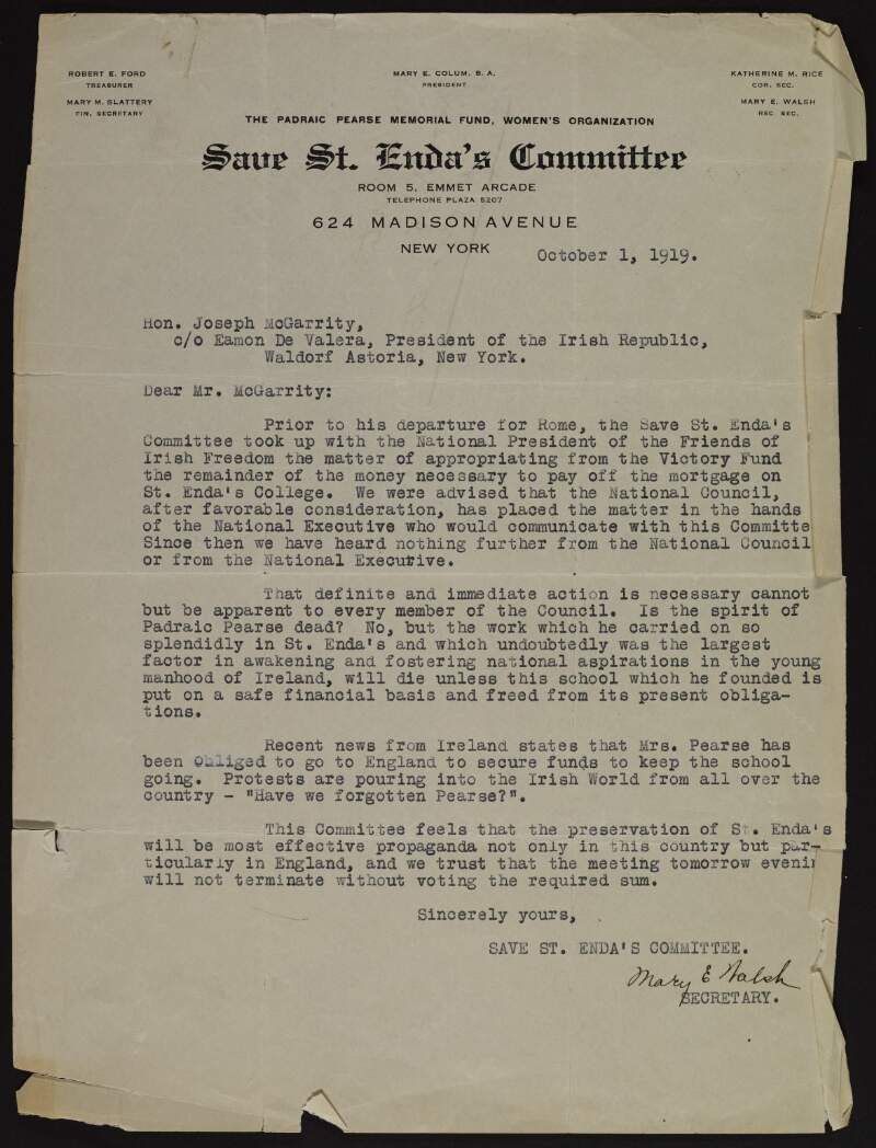 Letter from Mary E. Walsh to Joseph McGarrity regarding funding for St. Enda's school,