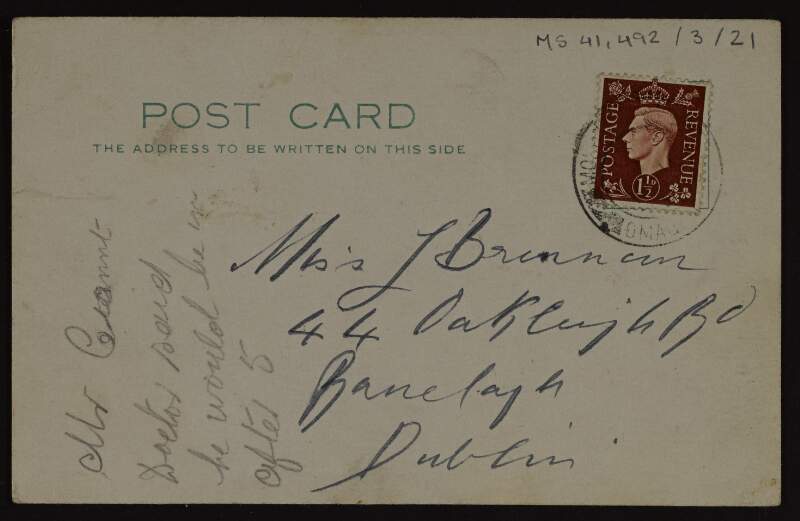 Postcard from Alice Milligan to Lily O'Brennan concerning financial matters,