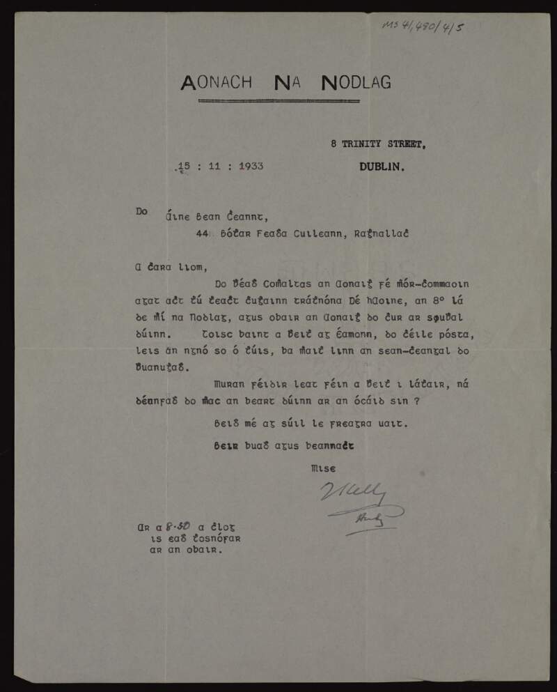 Letter from Tom Kelly to Áine Bean Ceannt inviting her to speak on the opening day of Aonach na Nodlag,